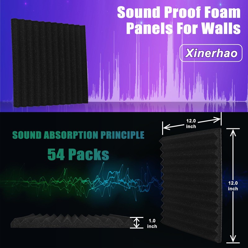Xinerhao 54 Pack Acoustic Foam Panels1 X 12 X 12Inches，noise