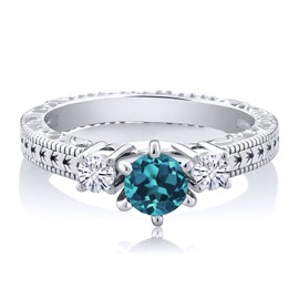 Gem Stone King 0.90 Ct Round London Blue Topaz E-F Lab Grown Diamond 925 Sterling Silver Ring (Size 5)