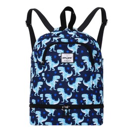 HAWEE Dry Wet Drawstring Backpack with Shoe Compartment for Women and Girls Waterproof Yoga String Bag Outdoor Sports Rucksack for Gym/Beach/Swim Pool, Dinosaur