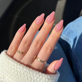 48Pcs Rose Pink Press on Nails Almond Fake Nails Glue on Nails Medium Length Almond Shaped Nails Press ons, Stiletto Nails False Nails for Women, Thick Natural Acrylic Gel Nails