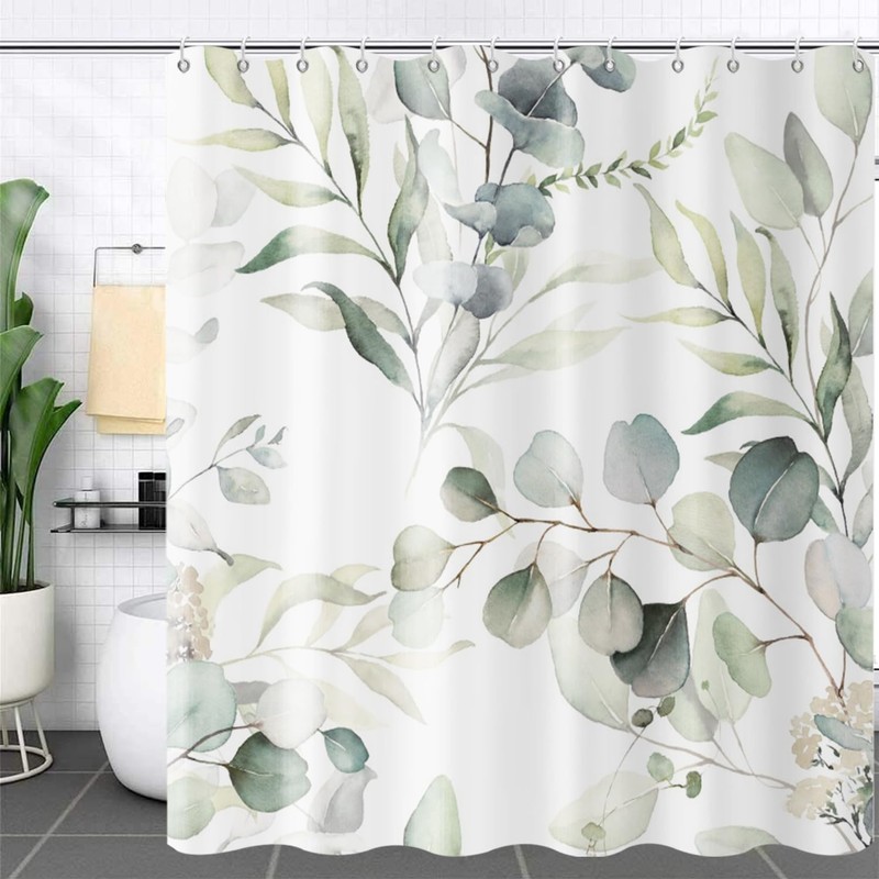GCIREC Eucalyptus Leaf Shower Curtains, Sage Green Spring Botanical Watercolor