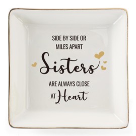 HOME SMILE Sister Gifts From Sister Ring Dish Tray, Valntine's Day Galentines' Gifts For Sister-Sister Will Always Be Connected By Heart Jewelry Dish Birthday Wedding Gifts For Sister