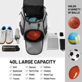 MIER Basketball Backpack Large Sports Soccer Bag with Ball/Shoes Compartment for Men Women Football Volleyball Gym Equipment Training Travel, 40L, Gray
