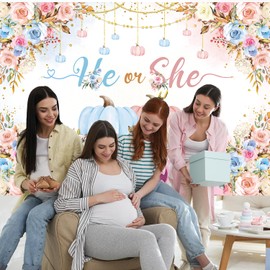 Autumn Pumpkin Gender Reveal Backdrop He or She What Will Our Little Pumpkin Be Photography Background Boy or Girl Baby Shower Newborn Gender Reveal Party Decorations Background (6X4FT (180x120cm))