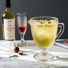 1500 C Tabletop Glass Pitcher with Spout 34 oz. Clear Serving Carafe with Embossed Diamond Pattern for Iced-Beverage Tea Soda Juice Sangria Coke Beer and Cocktails