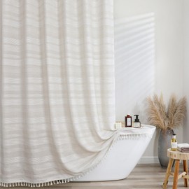 OVZME Linen Shower Curtain 78 Inch Long, Boho Farmhouse Thick Striped Fabric Hotel Shower Curtain with Tassel, Minimalist Textured Weighted Machine Washable Bathroom Decor, 72Wx78L Inches