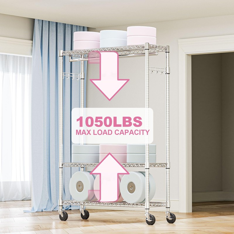 M MZG Heavy Duty Rolling Garment Rack 3 Tiers Adjustable