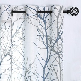 Blue White Curtains 84â for Living Room Grey Tree Branches Print Curtain Set Linen Textured Semi-Sheer Window Drapes for Bedroom Grommet Top, 2 Panels