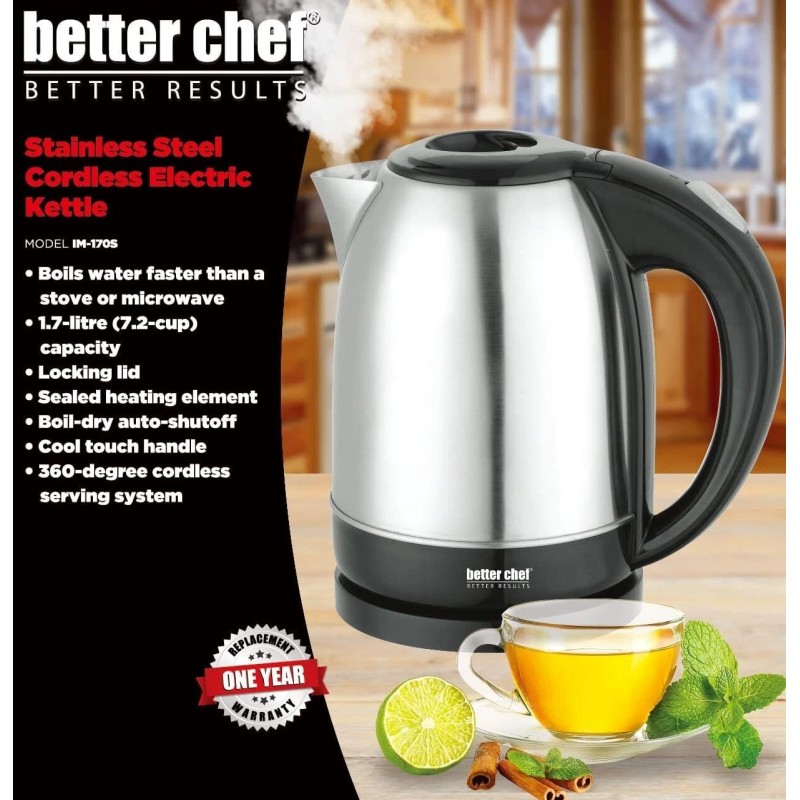 Better Chef Cordless Electric Kettle 7-Cup Stainless Steel 360-deg Swivel
