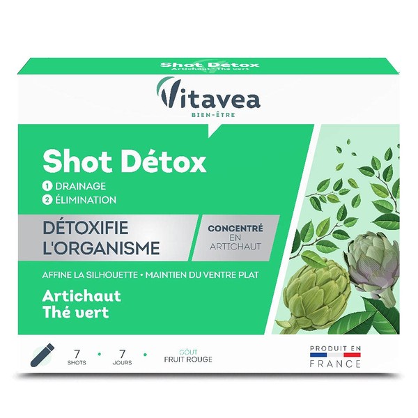 Vitavea - Shot Détox - Complément Alimentaire Détox Foie, Transit Intestinal, Draineur - Silhouette Affinée - Artichaut, Thé Vert - 7 shots - Cure de 1 semaine - Fabriqué en France