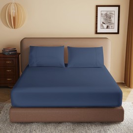 100% Egyptian Cotton Fitted Sheet Queen Size, 600 Thread Count,16" Deep Pocket Sheet, Soft & Elastic Sateen Weave Bottom Sheet for Hotel & Home (Navy Blue, 1 Pack Fitted Sheet Only,Queen)