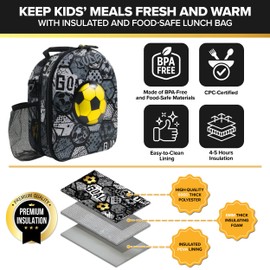 Decorably Insulated Hard-Top Soccer Lunch Box for Boys with Metallic Soccer Ball Design, Easy-to-Clean Sports Lunch Box for Boys with 2 Main Compartments and Water Bottle Holder - School
