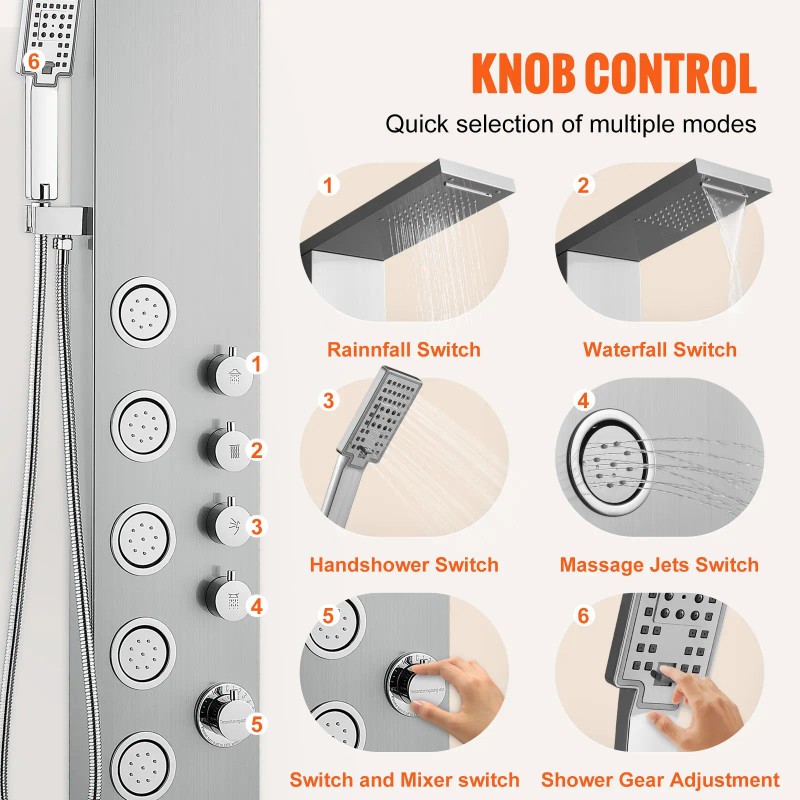 4-Mode Tower Rainfall Waterfall Shower Panel System with 5 Full