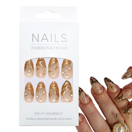 LUXRYNTH 24Pcs Short Almond Press On Nails with 3D Gothic Decorations, Stars Design, 3D Gold Irregularities, Full Cover False Nails with Glue Stick, ABS Material for Women