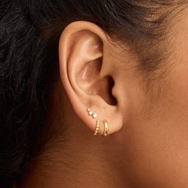 HABIKIP 3 Pairs Gold Hoop Earrings Stack Set for Multiple Piercings,14K Gold Plated Tiny Trendy Huggie&stud Ear ring Stackings for Women, Hypoallergenic Stackable Cartilage Non Tarnish Hoops Gifts,