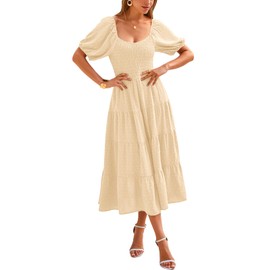 PRETTYGARDEN Women's Spring Dresses 2024 Puff Sleeve V Neck Swiss Dot High Waist Chiffon Dress Tiered Smocked Maxi Dresses (Beige,Large)