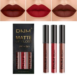 3Pcs Matte 24-hour Liquid Lipstick Sets,DNM Matte Dark Red Brown Lipstick Lip Stain Long Lasting 24 Smudge Waterproof Lip Gloss Gift Set Matt Lipsticks Set Matt Liquid Women Makeup Lipstick Kit 02