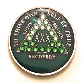30 Year Green AA Medallion - Alcoholics Anonymous Bling Chip with Transitional Crystals- Sobriety Chip, Token