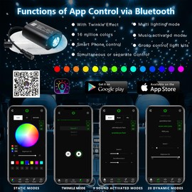 AKEPO 6W Mini Size Twinkle RGBW APP Control Fiber Optic Lights, 200pcs 0.03in 6.5ft/2m Music Activated Optical Fiber Star Ceiling Light Kit for Car Headliner Star and Home