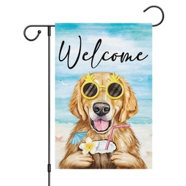 Louise Maelys Welcome Summer Dog Garden Flags 12x18 Double Sided, Burlap Summer Beach Golden Retriever Garden Yard House Flag Banner Vertical for Outside Seasonal Outdoor Decoration (ONLY FLAG)