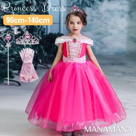 MANAMANA Princess Aurora Children's Dress, Princess Dress, Tiara, Stick Gloves, 4-piece Set, Kids Costume, Pink, Girls, 39.4 inches (100 cm), 39.4 inches (100 cm)