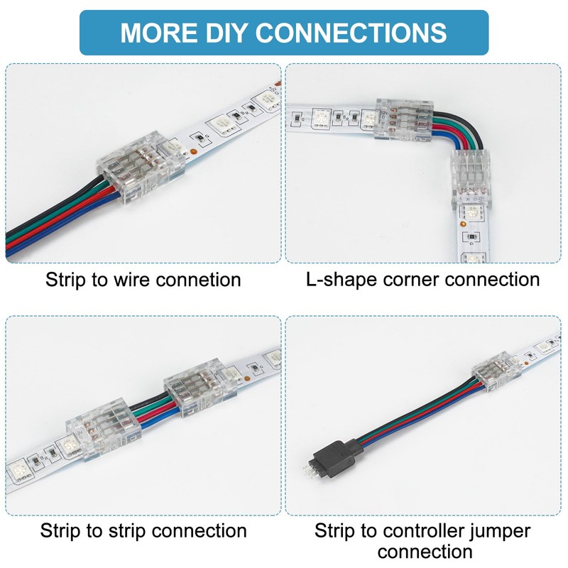 RGBZONE 25Pcs 4 Pin 10mm LED Connectors Gapless Solderless LED