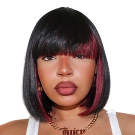 ToyoTress Peek-a-boo Burgundy Bob Wigs With Bangs - 10 Inch Yaki Straight Hair Daily Costume Wig For Black Women, Soft Short Synthetic Hair Replacement Wigs Heat Resistant (10 Inch, SH/Burg-613H)