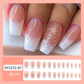 Ombre Pink White Press on Nails Medium Square Glue on Nails with Pink Glitter Design Nude Pink False Nails Reusable Spring French Tips Nails Glossy Summer Fake Nails for Women Girls Manicure 24Pcs