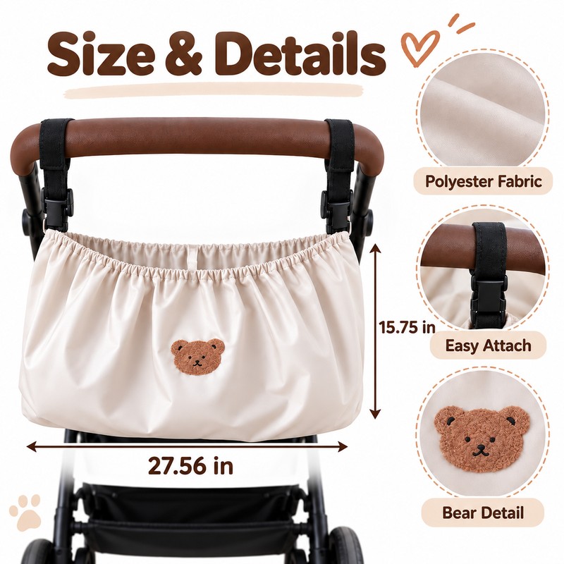 Stroller Hanging Storage Bag, Lightweight Reusable Organizer for Baby Essentials,