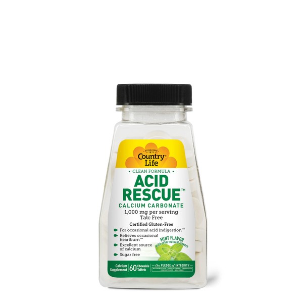 Country Life Acid Rescue Calcium Carbonate, Clean Formula, 1,000mg, Talc Free, 60 Chewable Mint Flavor Tablets, Sugar-Free, Certified Gluten Free, Certified Vegan, Non-GMO Verified