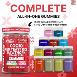 Clean Nutra CoQ10 Gummies Red Yeast Rice Hawthorn K2 Vitamin Supplement Magnesium Glycinate Turmeric Citrus Bergamot Hibiscus VIT D K Fenugreek Garlic Supplements Heart Support Gummy 60ct