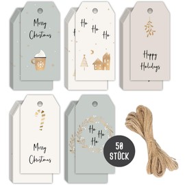 Christmas Gift Tags Pack of 50 | Scandinavian Christmas Pendants | Christmas Tags | Gift Decoration Christmas | Christmas Greetings (Beige Gold, DIN A8)