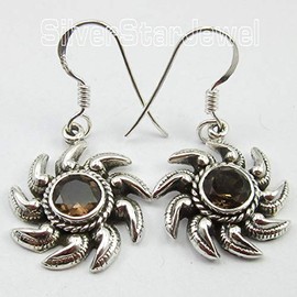 SilverStarJewel 925 Solid Silver Brown 6 x 6 mm Smoky Quartz Drop Earrings 1.3" 5.0 Grams