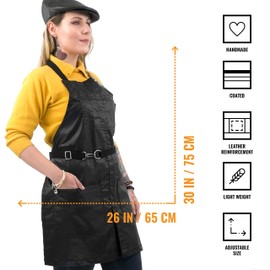 Under NY Sky No-Tie Black Apron – Coated Twill with Chrome Hardware, Leather Reinforcement, Split-Leg, Adjustable for Men, Women – Pro Barber, Tattoo, Bartender, Hair Stylist Aprons – Small Size