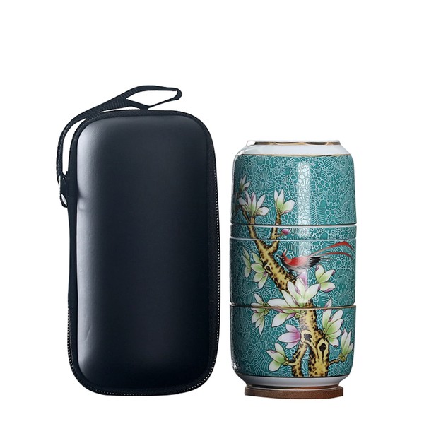 fanquare Portable Travel Tea Set with Infuser, Vintage Flowers and Bird Tea Service, Porcelain Tea Cup Set with Bag, Dark Green