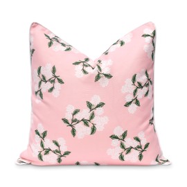 Hofdeco Premium Coastal Patio Indoor Outdoor Throw Pillow Cover Only, 20"x20" Water Repellent for Backyard, Couch, Blush Pink Print Hydrangea Flower