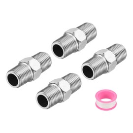 sourcing map 4pcs Hex Nipple Stainless Steel Pipe Fitting G1/2" Male x G1/4" Male Threaded Pipe Adapter Pipe Connector with PTFE Tape for Water, Gas, Fuel Pipeline (Silver Tone, 33.5mm/1.3")