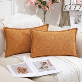 decorUhome Set of 2 Linen Cushion Covers 30X50cm,Decorative Outdoor Plain Vintage Cushion Covers with Stitched Edges, Rectangle Farmhouse Neutral Pillow case 12x20 Inch for Sofa, Orange