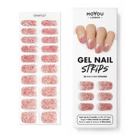 MoYou London Semi-Cured Gel Nail Strips, Nail File, & Wooden Cuticle Stick – 20 Pc. Gel Wraps for Nails – Salon-Quality Manicure Set & Pedicure Supplies, Glitter Pink