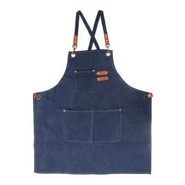 Cooking Apron Cotton Colorfast Thicken Clasp Design Chef Apron with Shoulder Strap for Men Women Blue