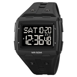 Digital Sports Watch Dual Time Display Night Light Adjustable TPR Band Outdoor Waterproof Watch for Men Women Black Silver