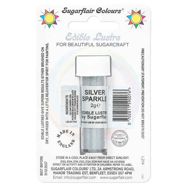 Sugarflair Silver Sparkle Edible Lustre Dust, Add a Lustrous Shine to Cakes or Decorations. Brush On or Add Rejuvenator to Create Eye-Catching Edible Paint, Gives Shine to Your Bakes - 2g