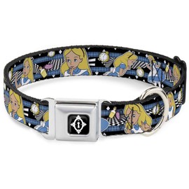Dog Collar Seatbelt Buckle Alice in Wonderland Poses Clock Bottle Black White Blues 13 to 18 Inches 1.5 Inch Wide