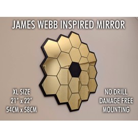 XL Space Telescope James Webb Inspired Mirror - Extra Large Size Sturdy - No Drill Damage Free Mounting Options - Home Decor Reflective Honeycomb Wall Art (Command Strip Mount)