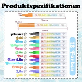 Altaroo 12 Farben Glitzerstifte, Outline Zauberstifte, Glitzer Stifte Doppellinie Metallic Farben, Glitzerstifte Mädchen Junge Kinder ab 4, Kindergeburtstag, Gästebuch, Fotoalbum