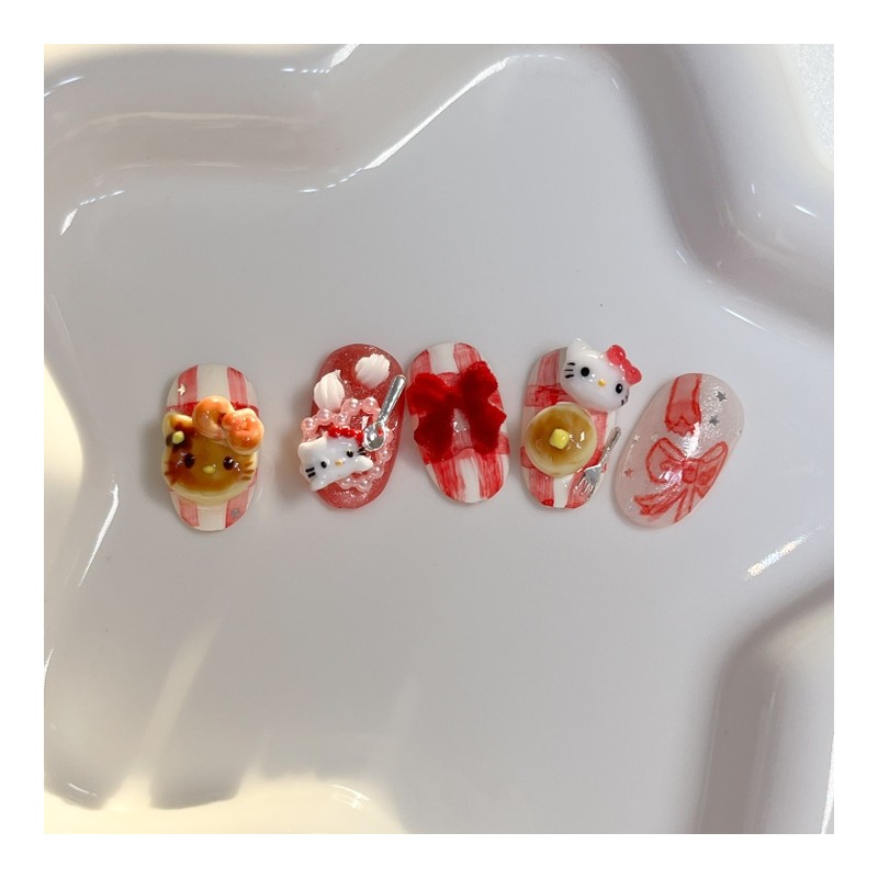 [Premium handmade embossed nail] Pancake cat - short oval /