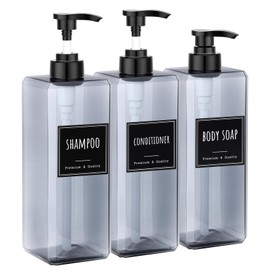 Segbeauty 33.8oz Empty Plastic Soap Dispenser with Labels, 3pcs Large Pump Bottles for Shampoo and Conditioner, 1000ml Gray Refillable Soap Dispenser Bathroom, Sqaure Lotion Pump Bottle Container