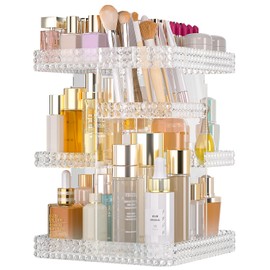 HEMTROY Rotating Makeup Organizer with Makeup Brush Holder, Large Capacity Perfume Organizer for Vanity Countertop, Acrylic Skincare Organizers Spinning Holder Storage Rack (Clear)