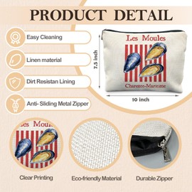 RYYCDOI Vintage Mussels Beach Makeup Bag, Red Stripes Nautical Beach Cosmetic Bags for Women, Gifts for Ocean Lovers, Retro Seafood Aesthetic Zipper Makeup Pouch