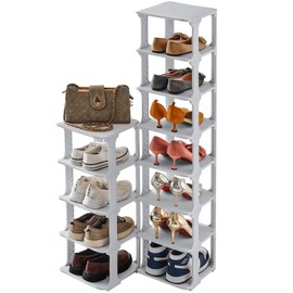HHK HenHaoKan 5 Tiers Shoe Rack Organizer for Closet Shoe Holder Storage Narrow Plastic Vertical, Free Standing Shoe Rack Shelf for Entryway Stackable Stability DIY, Grey